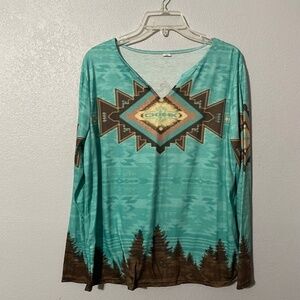 Women's M Aztec Print Tunic Pullover. Scoop/V-Neck, Western, Boho, Geometrical